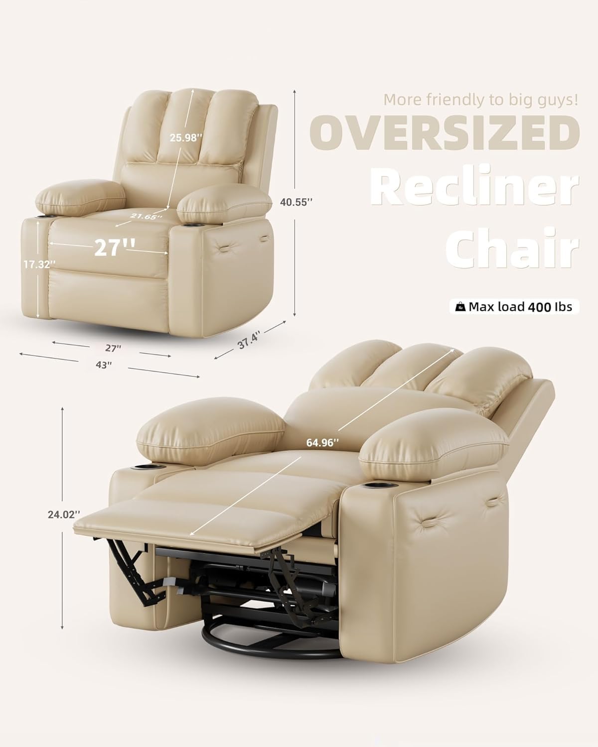 Oversized Electric Recliner Chair for Adults, Swivel Rocker Recliner with Massage and Heat, Pu Leather Single Sofa with Cup Holder and Side Pocket, for Living Room, Bedroom, Creamy