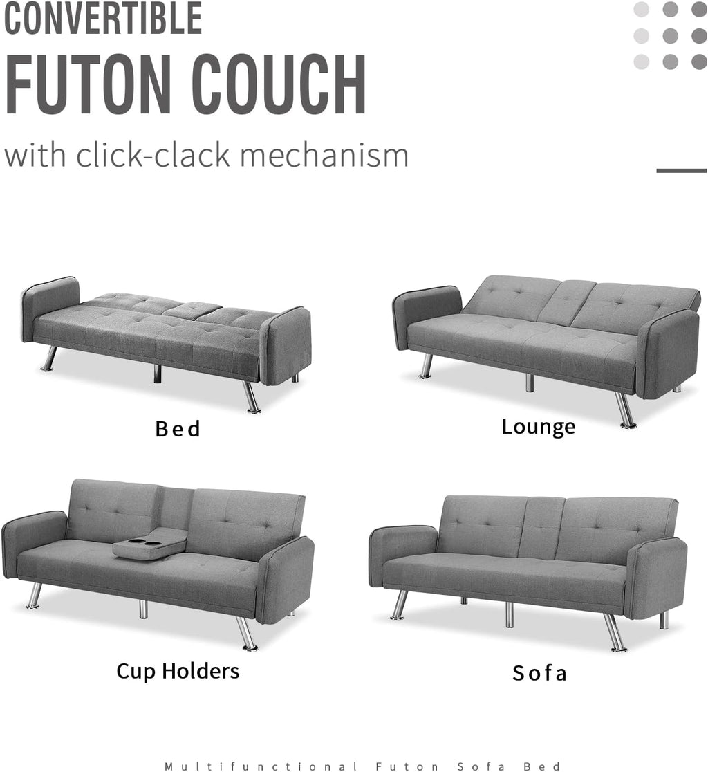 Futon Sofa Bed, Convertible Couch with 2 Cup Holders, Loveseat with Armrest for Studio, Apartment, Office, Living Room, Light Grey