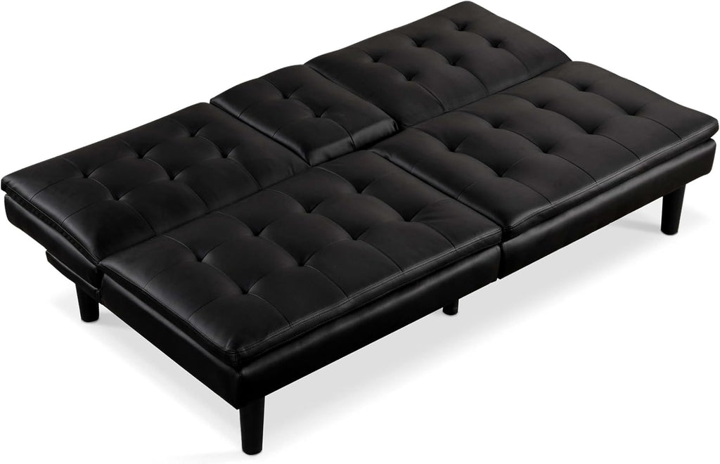 Furniture of America Fallein Modern Contemporary Wood 71.5-inch Futon Sofa Bed with Drop-Down Table, Cup Holders, USB-A Charger, Biscuit Tufting for Bedroom, Guest Room, Black