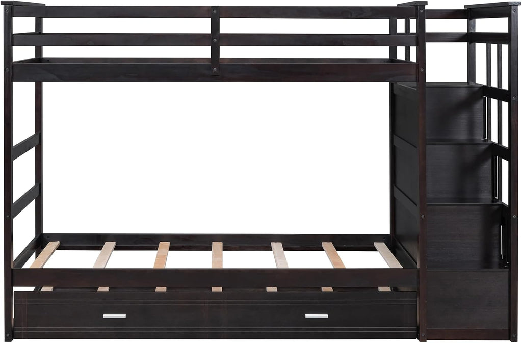 Harper & Bright Designs Twin Over Twin Bunk Bed with Staircase and Trundle, Solid Wood Bunk Beds with 4 Storage Drawers and Safety Guard Rail, Kids Bunk Bed Frame, No Box Spring Needed (Espresso)