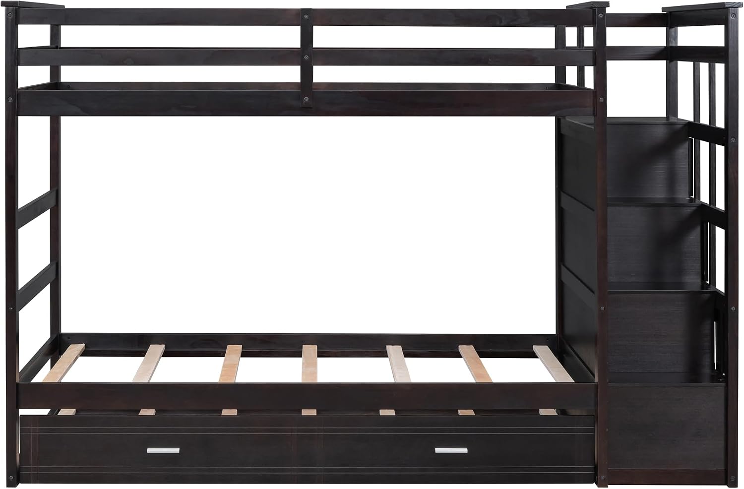 Harper & Bright Designs Twin Over Twin Bunk Bed with Staircase and Trundle, Solid Wood Bunk Beds with 4 Storage Drawers and Safety Guard Rail, Kids Bunk Bed Frame, No Box Spring Needed (Espresso)