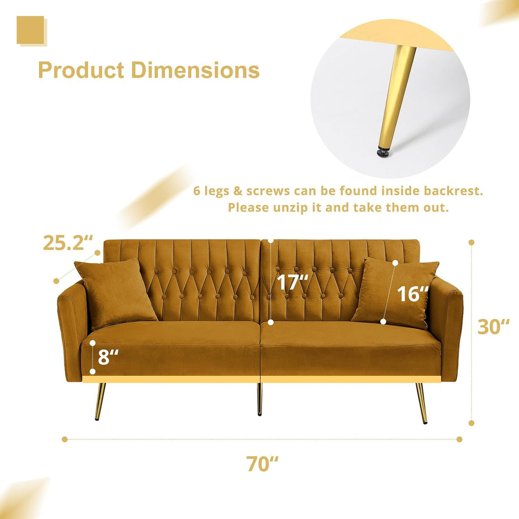 2 Pieces Velvet Sofa Set with Adjustable Armrest and Backrest, 70' Convertible Futon Sofa Bed & Mordern Accent Chair with Ottoman for Living Room, Bedroom, Ginger