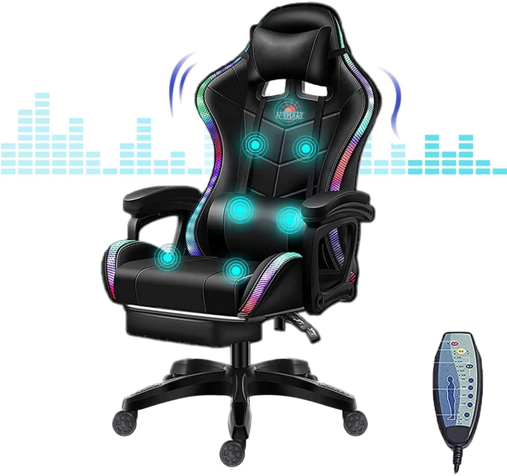 RGB Gaming Chair for Adults with Footrest and Massage Lumbar Pillow, Swivel Height Adjustable Racing Reclining, PU Leather LED Video Game Chair with Speakers E-Sports Gaming Chair