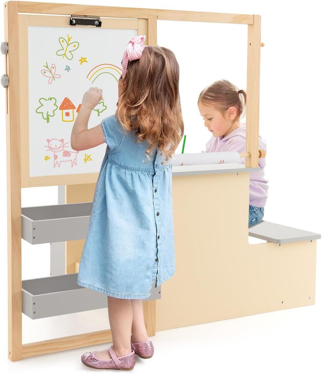 Costzon Easel for Kids, Wooden Art Center with Double-Sided Blackboard & Whiteboard, Paper Roll for Drawing, Crafts, Writing, Toddler Activity Table with Storage, Kids Table and Chair Set (Grey)