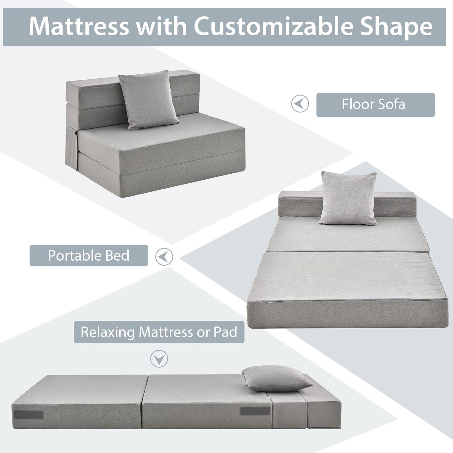 Giantex 6 Inch Folding Sofa Bed Couch with Pillow, Tri-fold Mattress with High-Density Foam, Foldable Floor Couch with Headrest, Portable Guest Bed with Zippered & Washable Cover, Grey