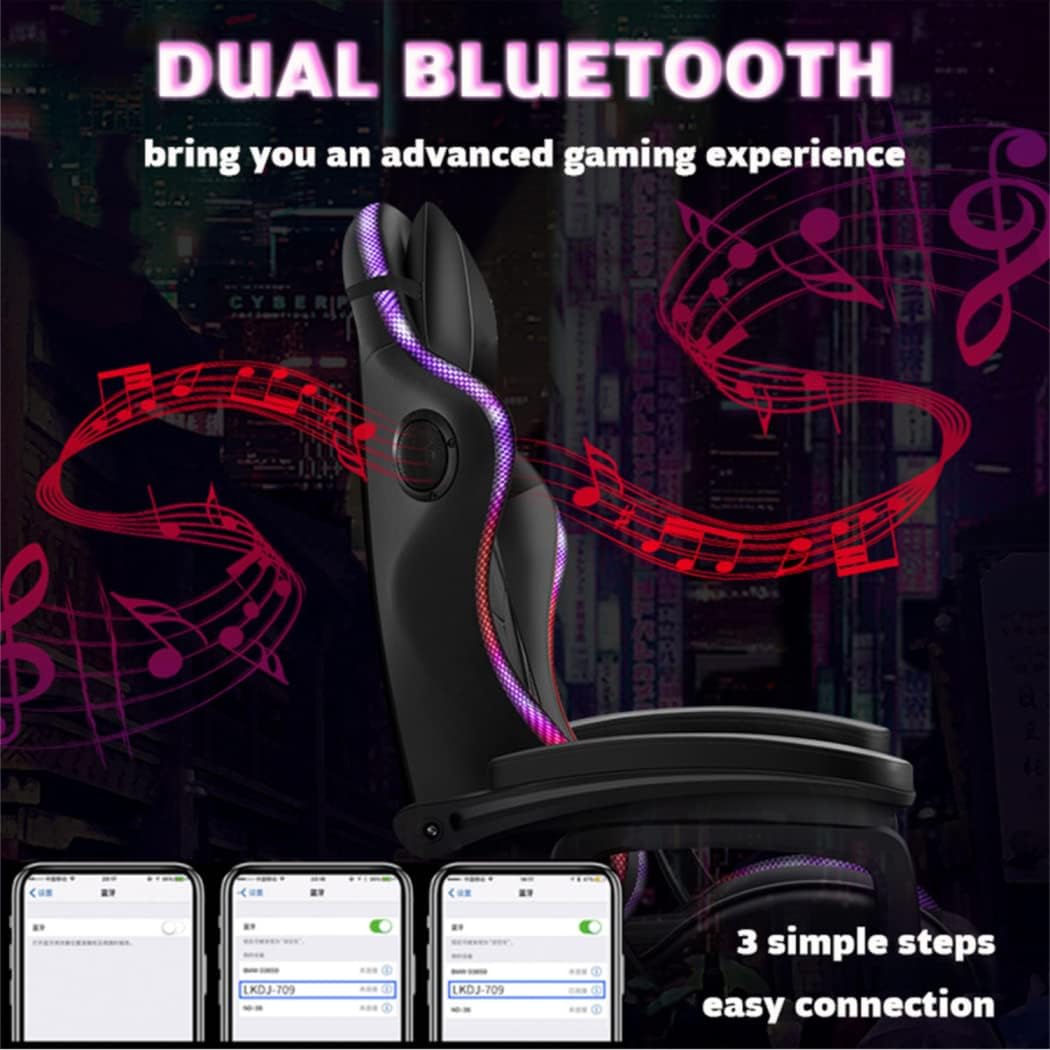 Gaming Chair with Bluetooth Speakers and RGB LED Lights, Video Game Chair, PU Leather High Back Computer Chair, Adjustable Reclining Racing Office Swivel Chair for Adult Teens,Pink