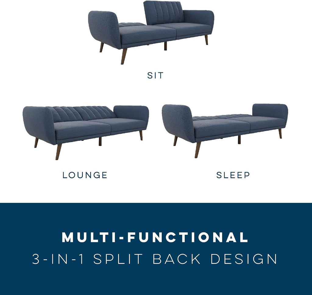 Novogratz Brittany Sofa Futon, Premium Linen Upholstery and Wooden Legs, Blue Linen