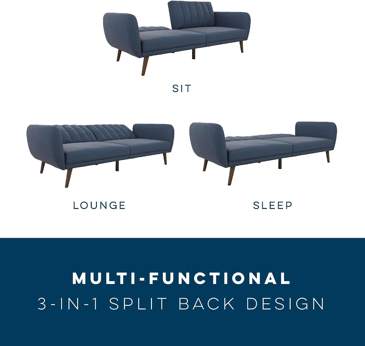 Novogratz Brittany Sofa Futon, Premium Linen Upholstery and Wooden Legs, Blue Linen