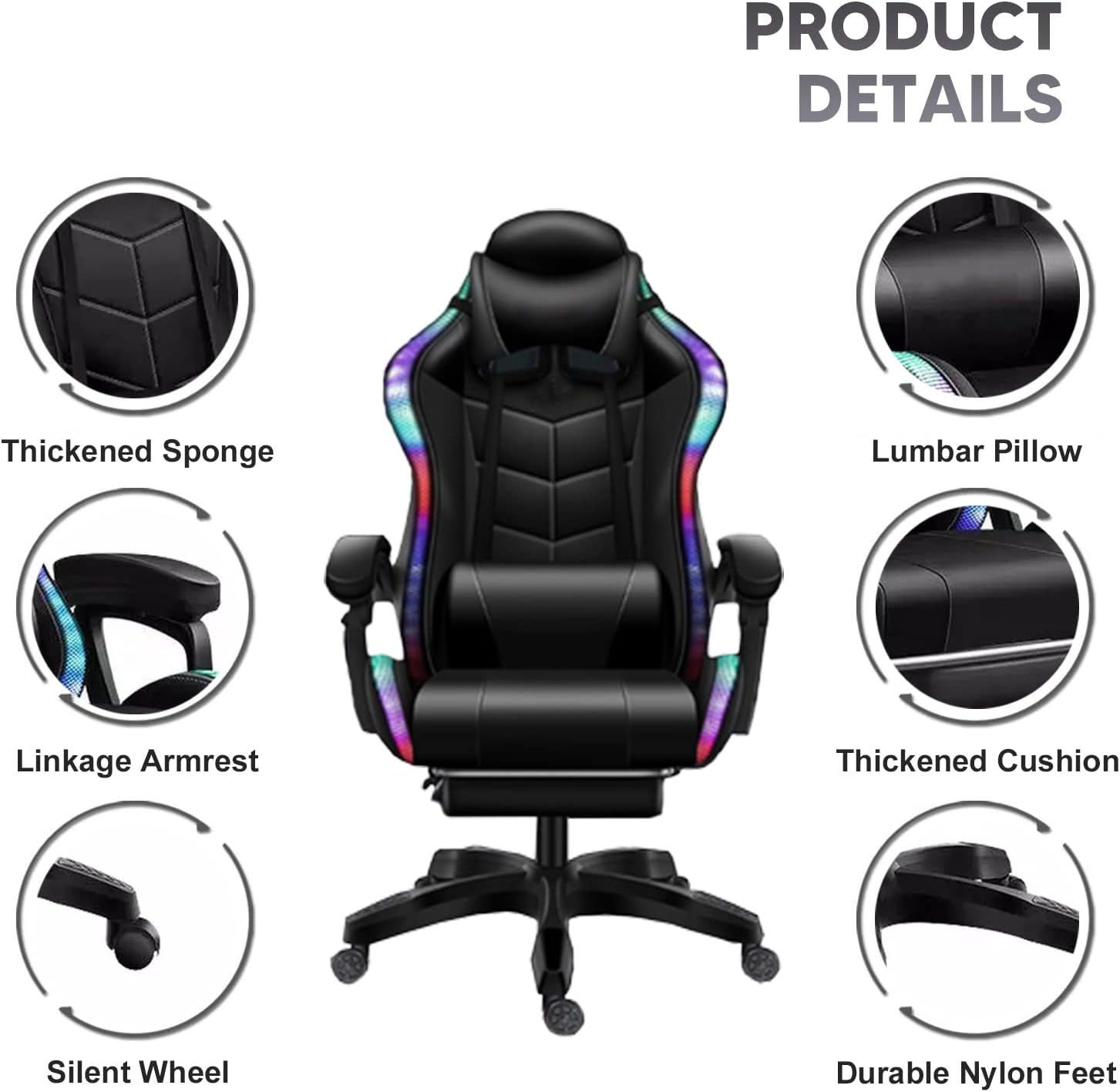 LED Gaming Chair Ergonomic Massage Racing Computer Chairs High Back Video Game Chairs with Speakers PU Leather with Footrest Headrest Lumbar Support Office Desk Chair for Adults Teens,Black