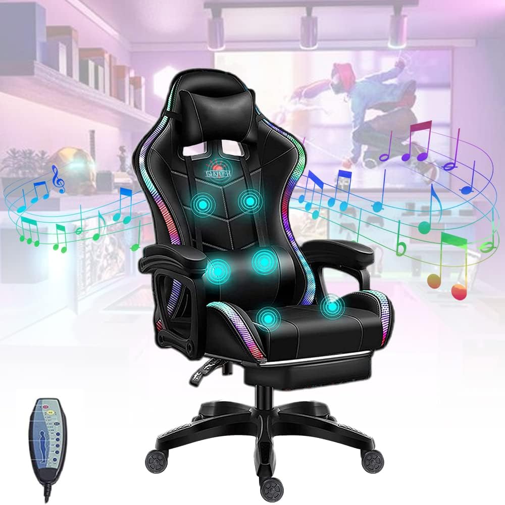 Gaming Chair for Adults & Teens High Back Gamer Chair Ergonomic Massage Racing Chair with Lumbar Support and Headrest Computer Desk Chair with Speakers and LED Lights,Black