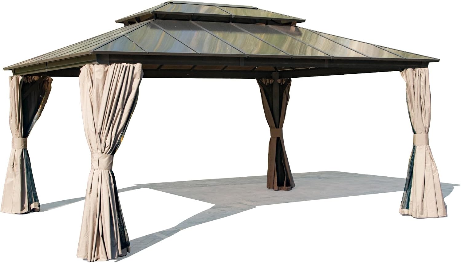 12x16ft Hardtop Gazebo, Permanent Outdoor Gazebo with Polycarbonate Double Roof, Aluminum Gazebo Pavilion with Curtain and Net for Garden, Patio, Lawns, Deck, Backyard(Brown)