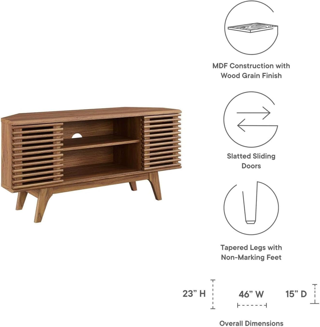 Modway Render Mid-Century Modern Low Profile Corner Media TV Stand in Wal, 15 x 46 x 23