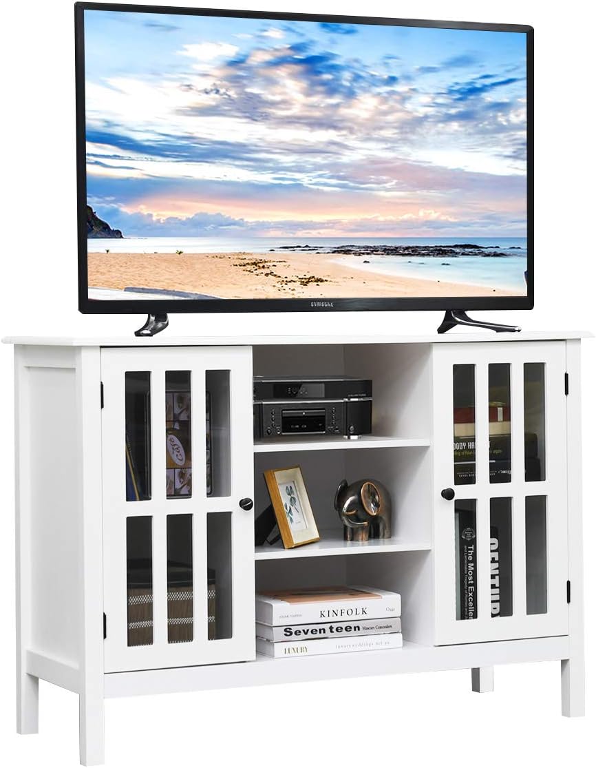 Tangkula White TV Stand, Modern Tall Entertainment Center for TVs up to 50', Media Console w/2 Storage Cabinets & 3 Open Shelves, Wire Hole, Wood TV Console Table for Living Room, White