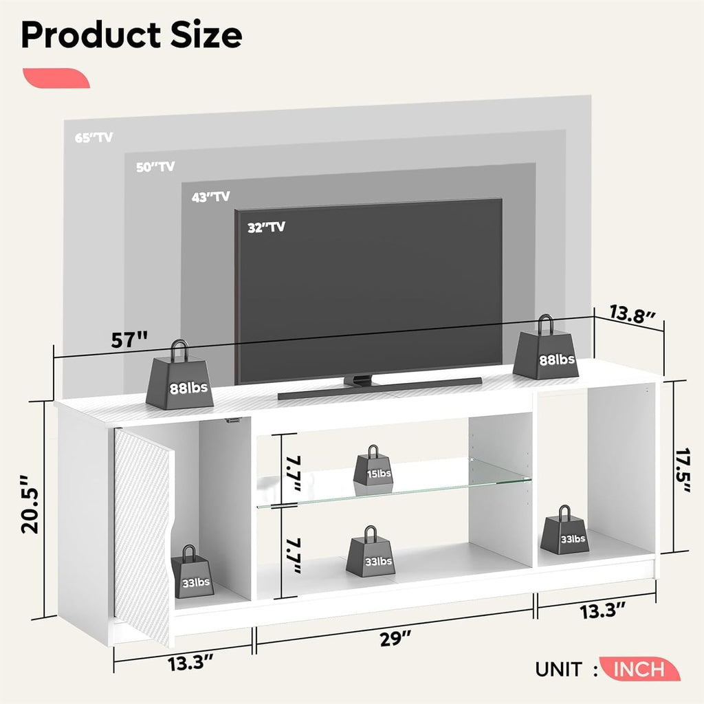 Bestier Gaming LED TV Stand for 65 Inch TV, Entertainment Center with Cabinet for PS5 Xbox, Modern TV Console for Living Room Bedroom, Adjustable Glass Shelves, Carbon Fiber White