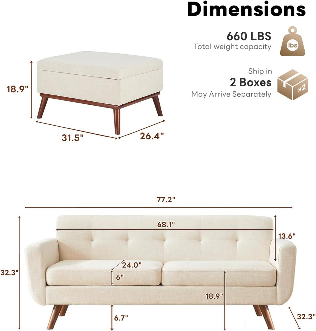 Tbfit Mid Century Modern Sofa, Loveseat Couch, Beige, Standard Sofa & Ottoman | linen fabric, button tufted, solid wood foot, pocket spring, wood slats frame