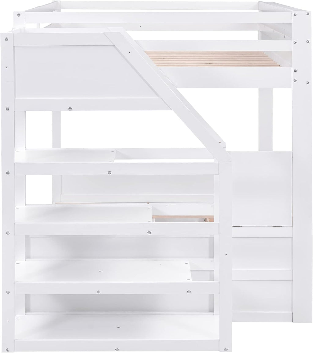 Harper & Bright Designs Full Over Full/Futon Bunk Beds with Stairs and 3 Drawers, Built-in Shelf, Bottom Bed can be Converted into Daybed, Solid Wood Bunk Bed Frame (White)