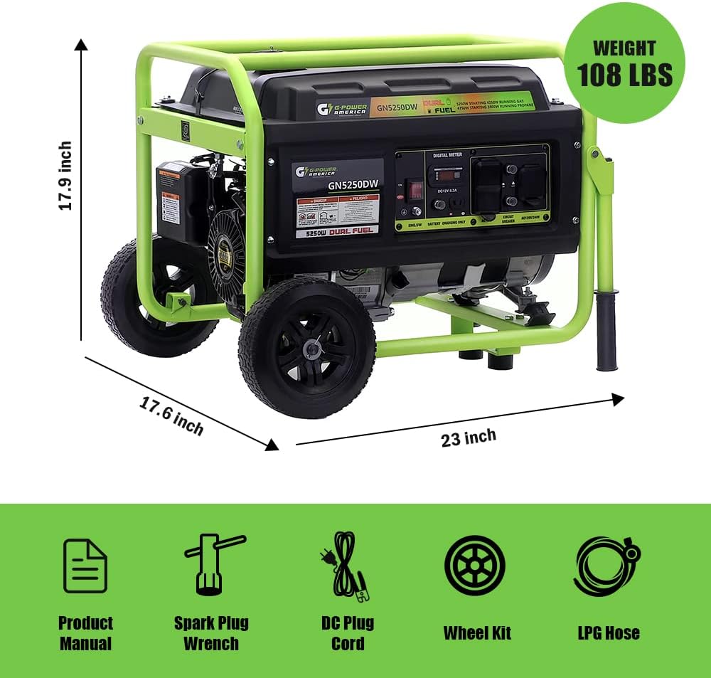 Green-Power America 5250W Dual Fuel Portable Generator - Gas or Propane Powered - Heavy-Duty 223cc Engine - Home Backup & RV Ready - 120V/240V AC Output - 4250 Running Watts