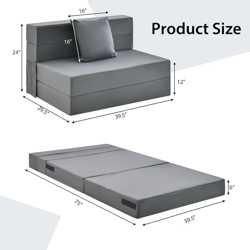 Giantex 6 Inch Folding Sofa Bed Couch with Pillow, Tri-fold Mattress with High-Density Foam, Foldable Floor Couch with Headrest, Portable Guest Bed with Zippered & Washable Cover, Dark Grey