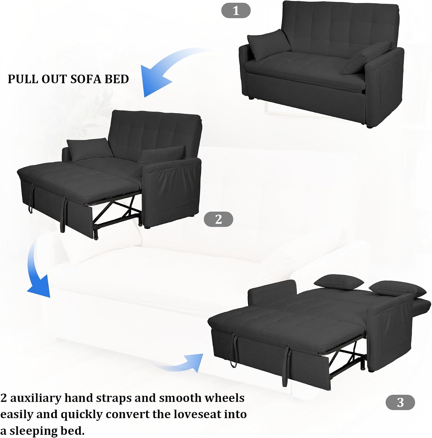 Oversized 3-in-1 Convertible Sleeper Sofa Bed, Futon Couch with Pullout Bed, 2-Seater Loveseat Sofa w/Pockets, Adjustable Backrest and Pillows for Living Room Apartment (Gray-Button Tufted)