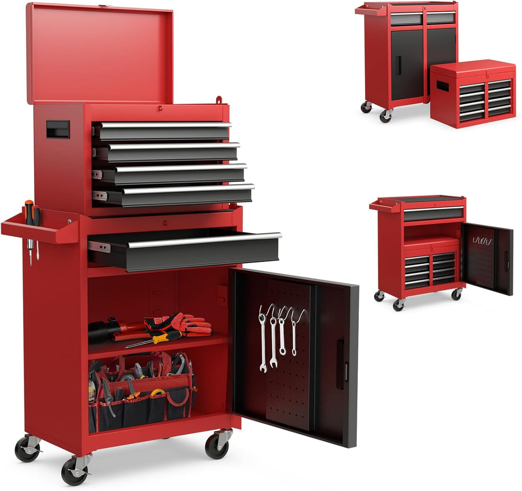 Goplus Rolling Tool Chest, 5-Drawer Tool Box Organizer w/Lockable Wheels & Sliding Drawers & Detachable Top & Adjustable Shelf, Tool Storage Cabinet for Garage Workshop (Red+Black)
