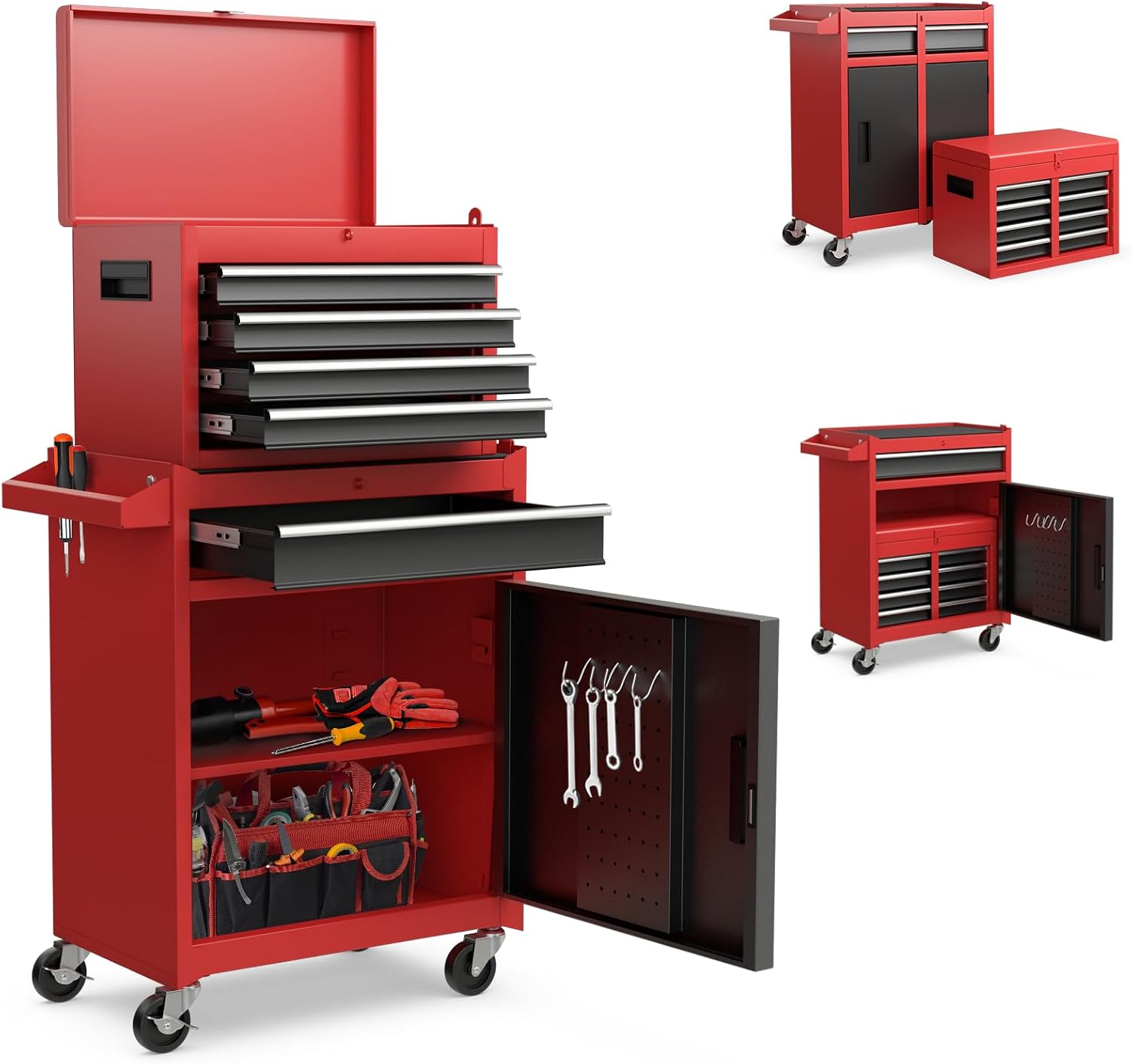 Goplus Rolling Tool Chest, 5-Drawer Tool Box Organizer w/Lockable Wheels & Sliding Drawers & Detachable Top & Adjustable Shelf, Tool Storage Cabinet for Garage Workshop (Red+Black)