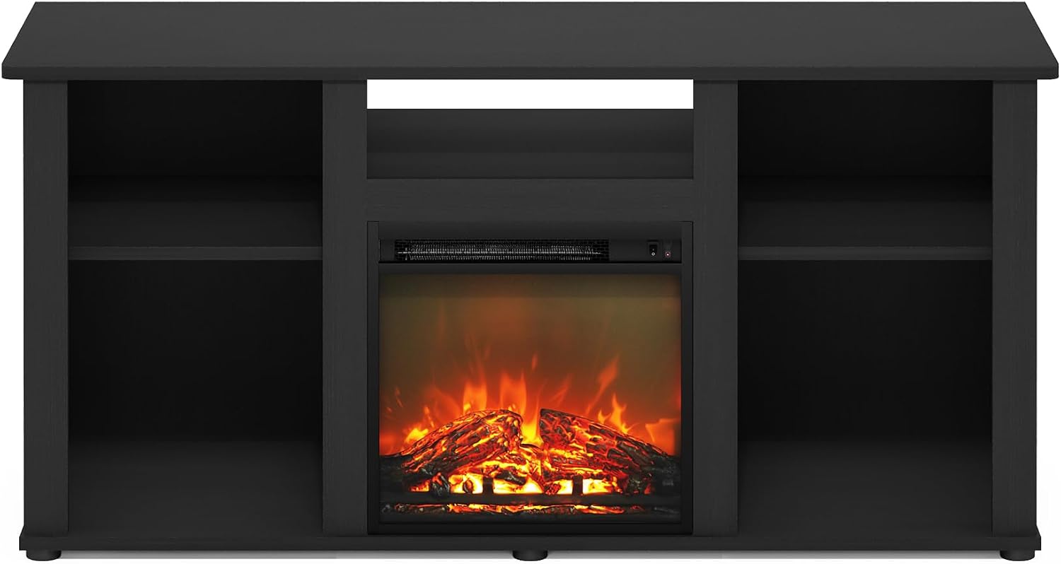 Furinno Jensen Fireplace TV Stand, Entertainment Center, TV Console for TV up to 55 Inch with Fireplace and Open Storage Compartment, for Living Room, Bedroom, Americano