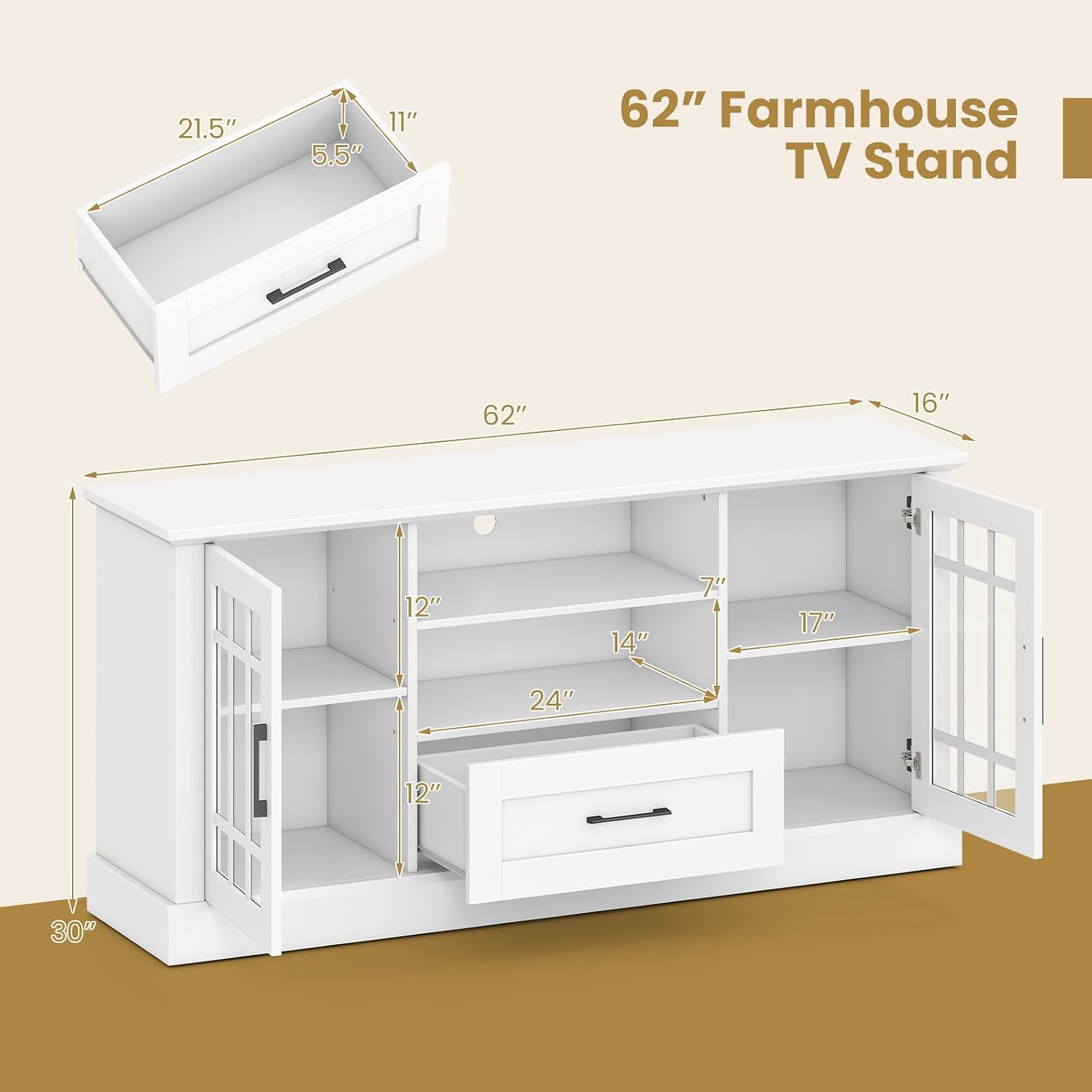 Giantex Farmhouse TV Stand for 65/70 Inch TV, Tall Entertainment Center with Storage Cabinets, Glass Doors, Drawer, Removable Shelves, Media TV Console Table for Living Room, Bedroom (White)