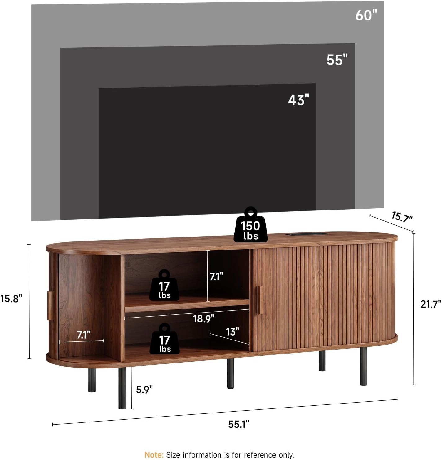 55' TV Stand with Power Outlet, Mid-Century Modern Television Stand, Fluted Media Console with Sliding Doors, Entertainment Center for TVs up to 60 Inch, Adjustable Shelves, Walnut