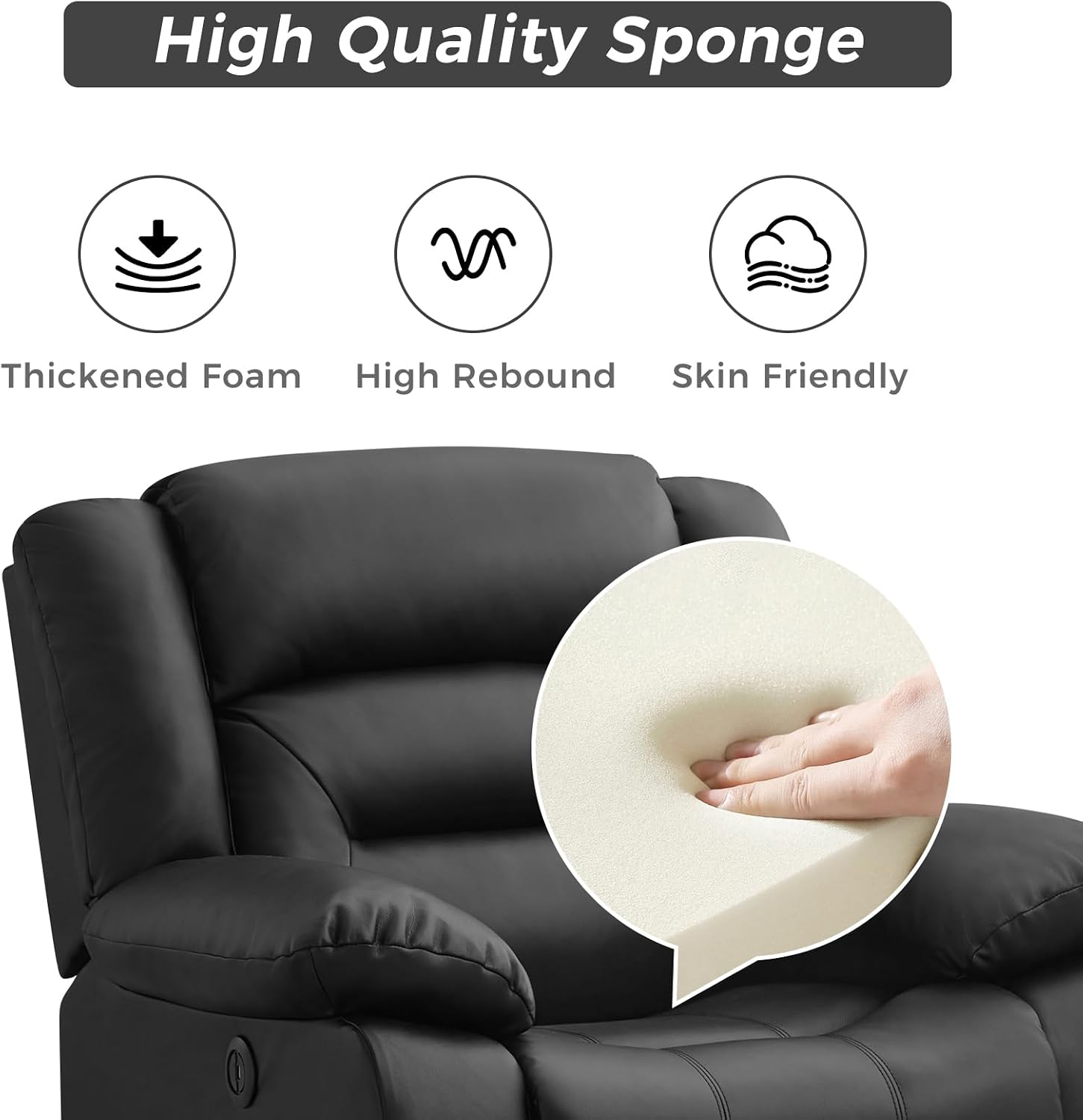 EBELLO Classic Power Recliner Chair, Faux Leather Oversized Electric Overstuffed Chair with Soft Cushion and Back, Sofa with Comfortable Armchair for Living Room, Black