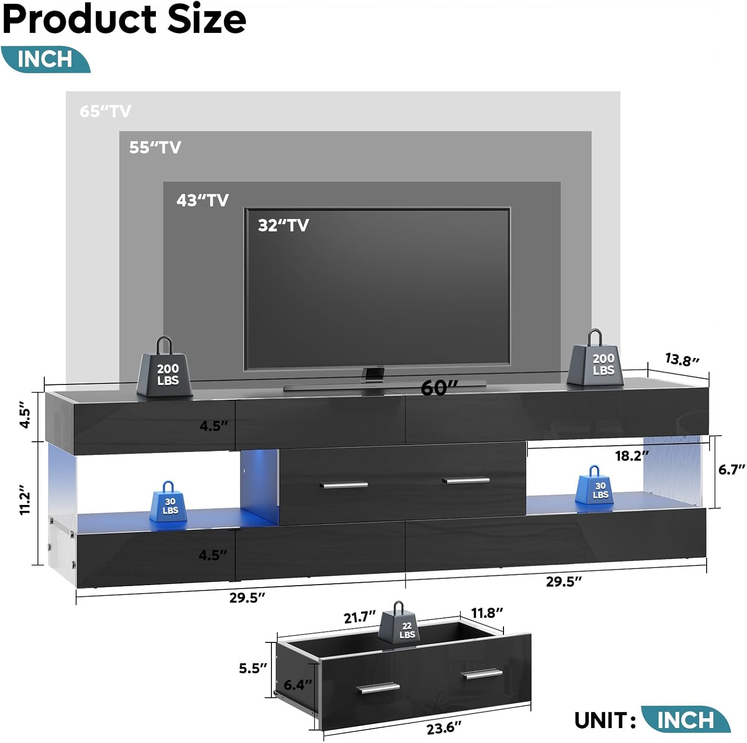 Bestier Black TV Stand for 55/60/65 Inch TV, High Gloss Modern TV Stand with Stone-Patterned Side Panels, LED Entertainment Center with Large Drawer, TV Consoles for Living Room, Bedroom