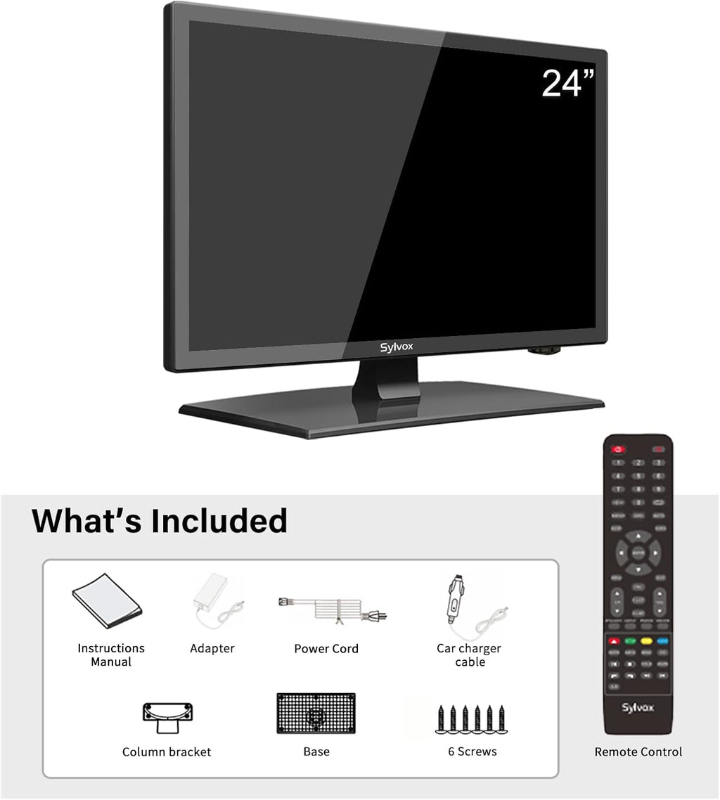 SYLVOX 12V TV 24 inch, 1080P RV TV 12 Volt DC Powered Integrated HDTV(ATSC) Tuner, Built-in DVD Player Speaker FM Radio, with HDMI/USB/AV Input, Suitable for Motorhome, RV Caravan and Boat