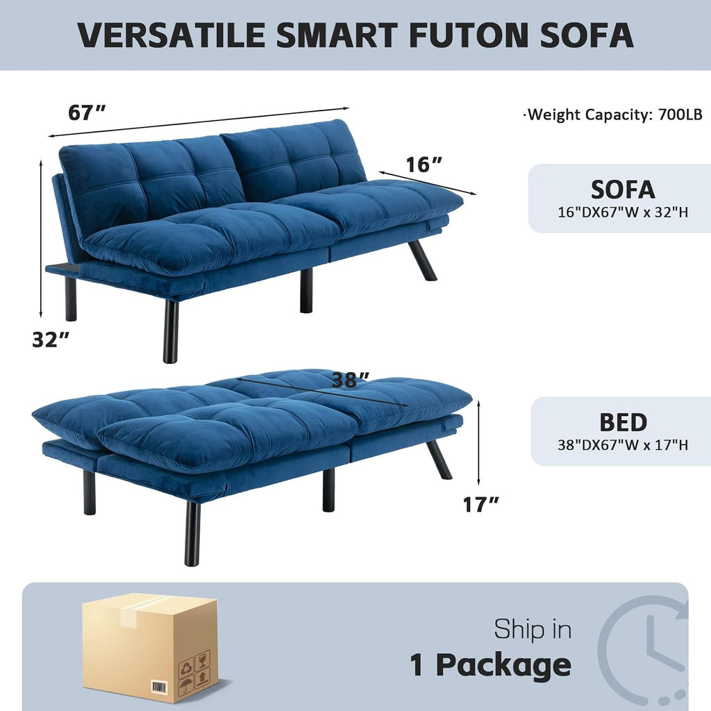 SoarFlash 67 Inch Futon Double Sofa Bed, 2 in 1 Velvet Loveseat Sofa with Adjustable Backrest for Living Room Bedroom Office Apartment Compact Couch(Blue)
