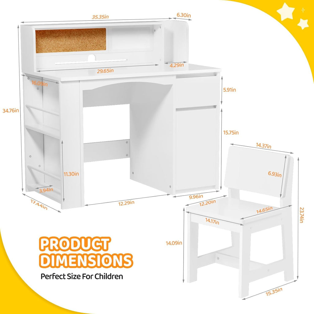 JOYMOR Kids Desk and Chair Set with Bookshelf, Kids Study Desk with Chair with Storage Cabinet, Student Writing Table for Study & Crafts, Student Computer Workstation for 5-12 Years Old, White