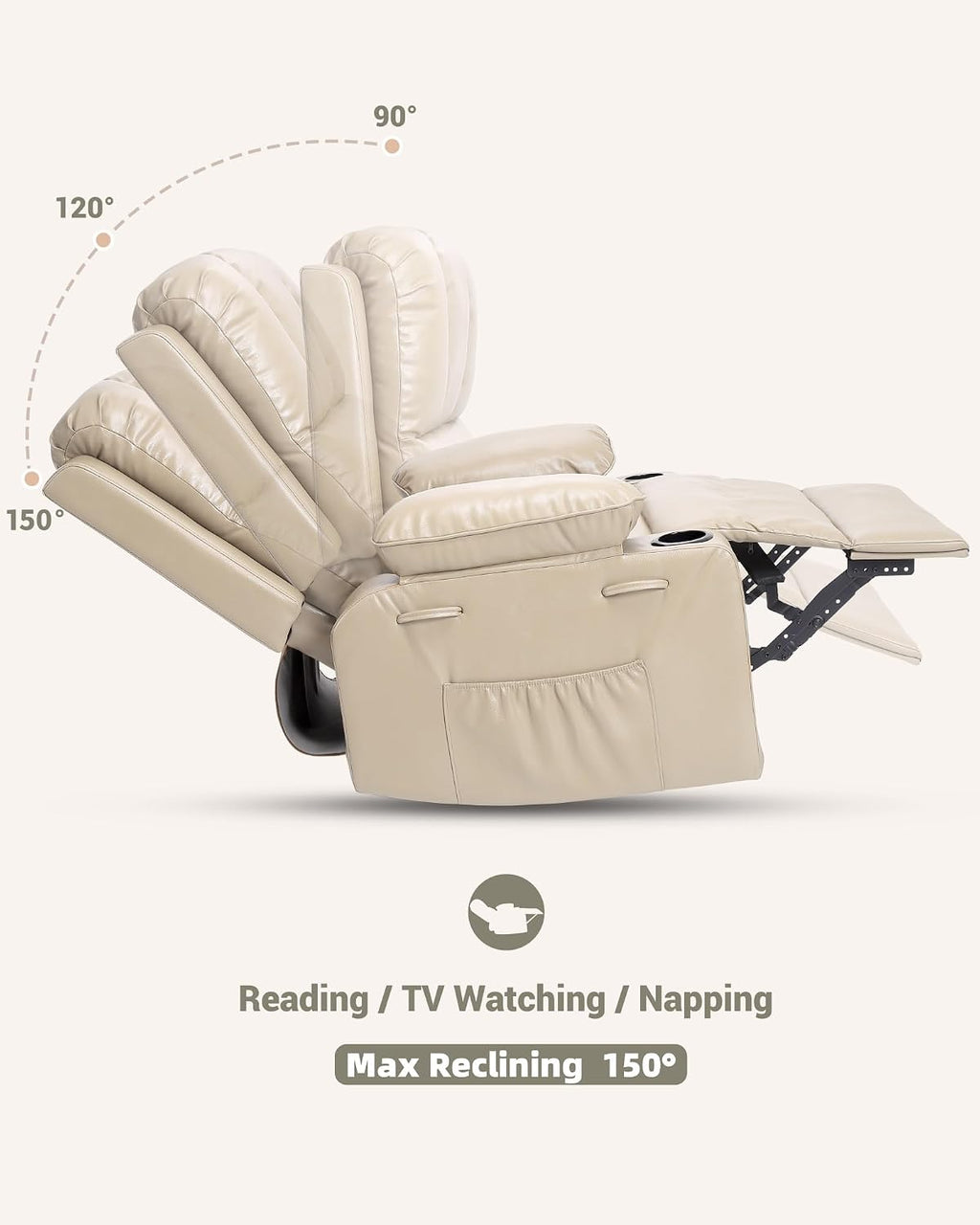 22 in Leather Recliner Chair for Adults, Overstuffed Manual Recliner Chair, Single Sofa with Cup Holder and Side Pockets, Upholstered Chair for Living Rooms, Creamy