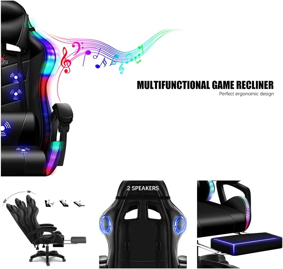 RGB Gaming Chair - Ergonomic Design with Massage, Footrest, and Integrated Speakers - Swivel Reclining PU Leather Gaming Chair with Lumbar Support - High-Back Racing Gaming Chair.,White
