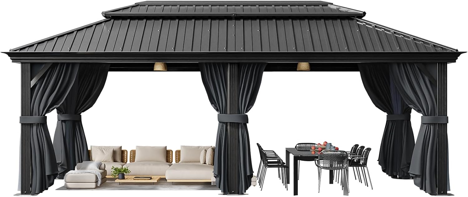 HOTEEL 12x20 Hardtop Gazebo on clearance with Metal Roof & Drainage System, Heavy Duty Galvanized Steel Gazebo with Aluminum Frame, Privacy Curtains and Netting, for All-Weather, Black (2026 Upgraded)
