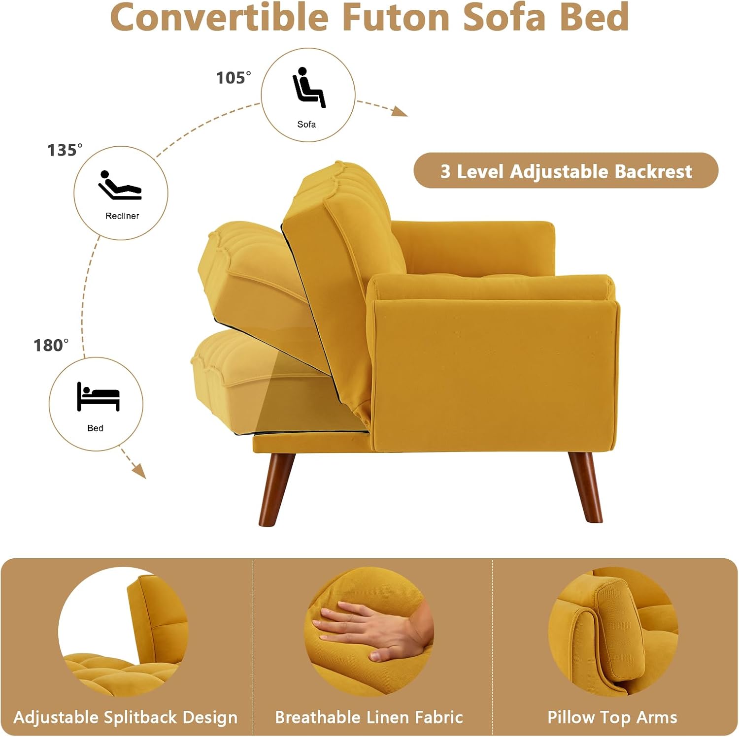 75' Convertible Futon Sofa Bed, Sleeper Couch Bed with Adjustable Backrest, Small Couches for Small Spaces, Living Room, Bedroom and Office (Yello)