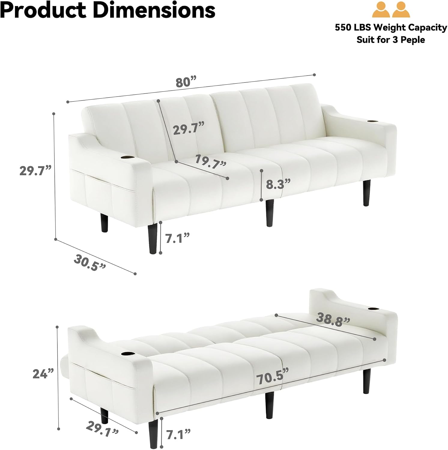 80'' Futon Sofa Bed,Faux Leather Futon Sleeper Sofa, Convertible Loveseat with Adjustable Sofa Backrest,Modern Couches for Living Room, Bedroom, Apartment, Office (Beige)