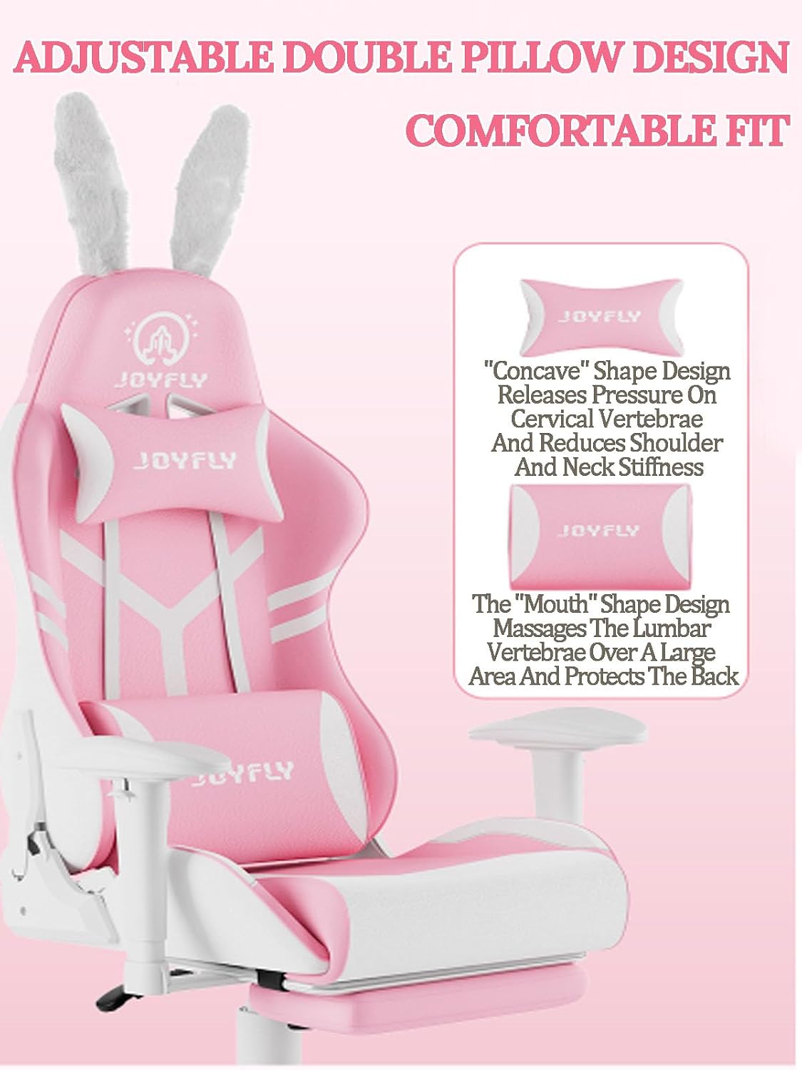 Pink Gaming Chair Big and Tall Lovely Bunny Computer Gamer Chair with Footrest and Lumbar Support Ergonomic Office Chair Comfortable Racing Reclining Leather Chair for Girls Adults Teens Kids