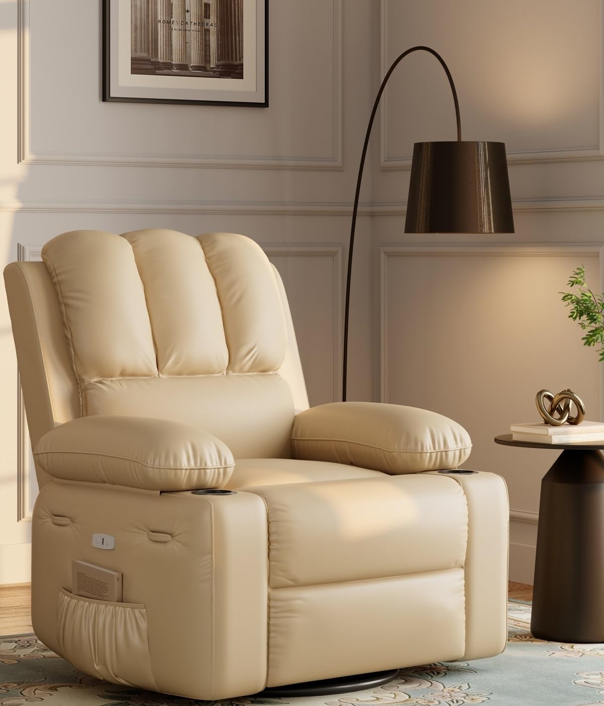 22'' Electric Recliner Chair for Adults, Swivel Rocker Recliner with Massage and Heat, Pu Leather Single Sofa with Cup Holder and Side Pocket, for Living Room, Bedroom, Creamy