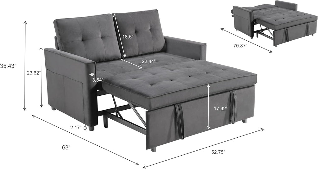 Sofa Bed, Pull Out Couch with Side Pockets, 3 in 1 Velvet Fabric Loveseat Sleeper Sofa Bed, Pull Out Couch with Adjustable Backrest for Living Room, Bedroom, Apartment, Gray, 53 Inch
