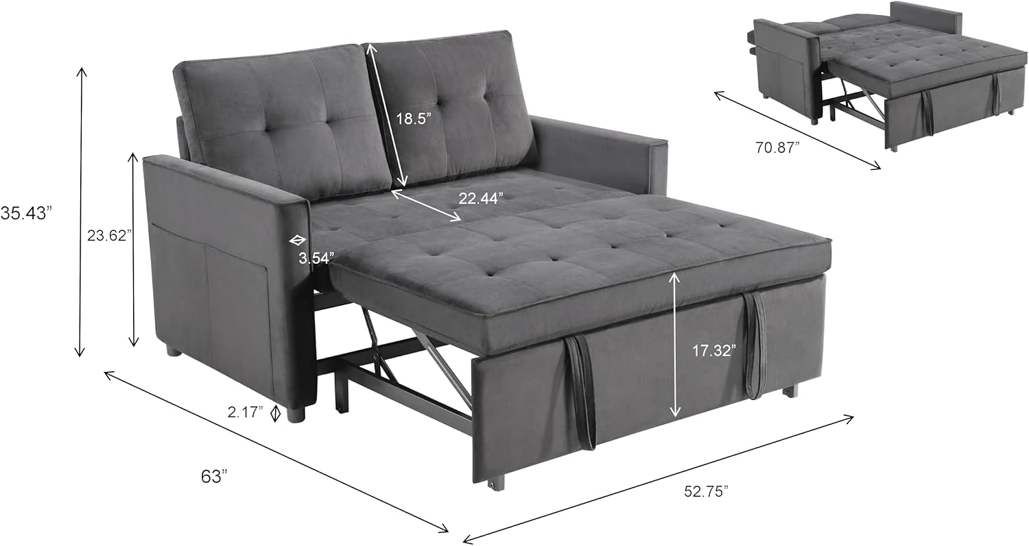 Sofa Bed, Pull Out Couch with Side Pockets, 3 in 1 Velvet Fabric Loveseat Sleeper Sofa Bed, Pull Out Couch with Adjustable Backrest for Living Room, Bedroom, Apartment, Gray, 53 Inch