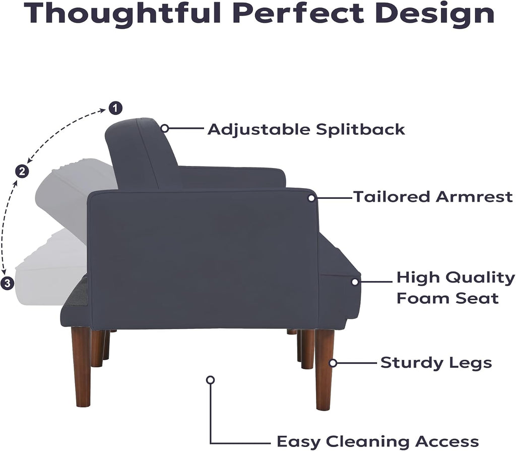 Furnify 71' Velvet Futon Sofa Bed, Versatile Loveseat Couch, Sleeper Sofa with Adjustable Backrest, Mid Century Modern Futon Couch for Small Space, Living Room, Office & Apartment, Velvet Fabric Grey