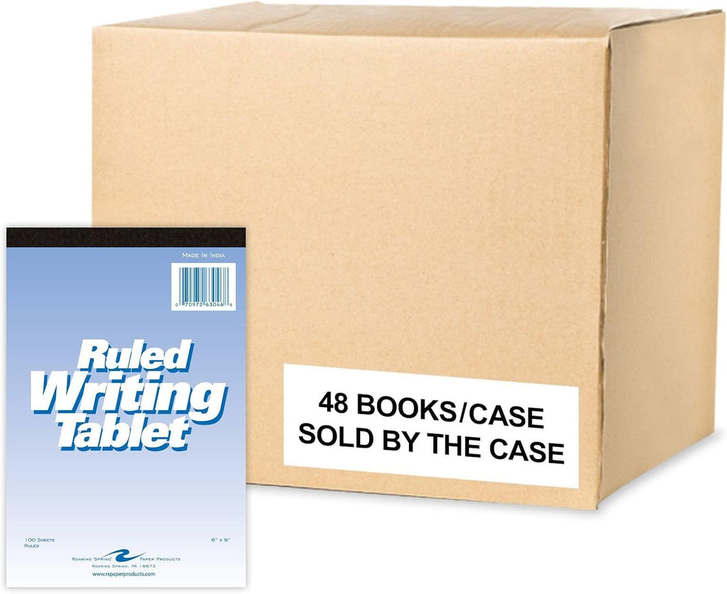 Roaring Spring 6' x 9' Writing Tablet, 100 Sheets 15 lb White Paper, Wide Ruled, Heavy Back Board, Top Edge Bound, Case of 48