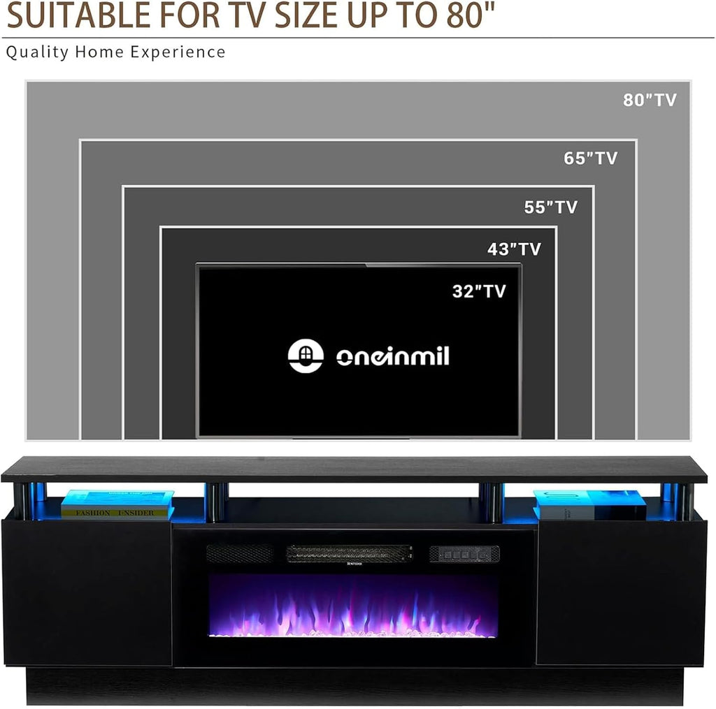 oneinmil Fireplace TV Stand with 36' Electric Fireplace, 2 Tier TV Console Stand for TVs Up to 90'', LED Light Entertainment Center, Fireplace for The Living Room TV Stand, Black, 80''
