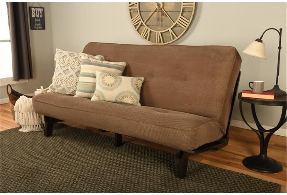 Kodiak Furniture Carson Full Size Futon Frame and Mattress Set - Java Brown Finish Wood Futon Frame with Mattress Included in Mocha Brown Color