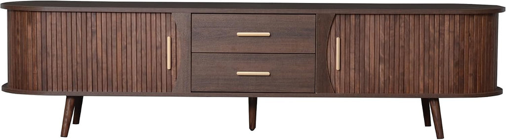 Merax 70' Fluted TV Stand for TVs Up to 80', Mid Century Entertainment Center with Sliding Tambour Doors and Drawers, Modern Curved Media Console with Storage for Living Room, Walnut