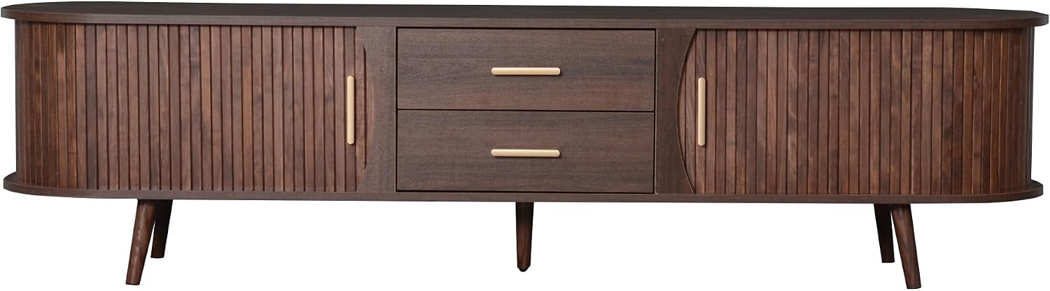 Merax 70' Fluted TV Stand for TVs Up to 80', Mid Century Entertainment Center with Sliding Tambour Doors and Drawers, Modern Curved Media Console with Storage for Living Room, Walnut