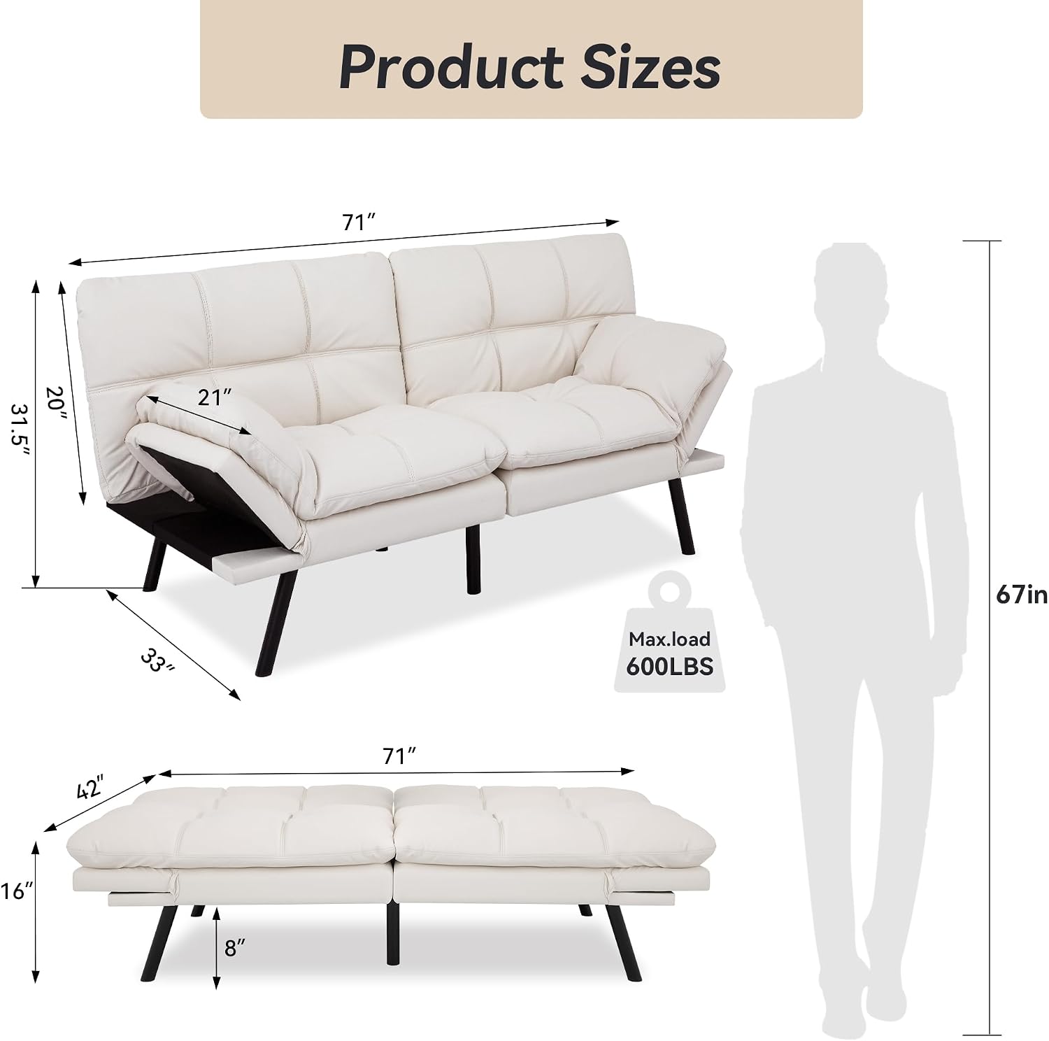 Convertible Faux Leather Futon Sofa Bed,Memory Foam Futon Couch,Small Splitback Modern Folding Loveseat Sleeper Sofa Couches for Living Room,Office,Apartment,White