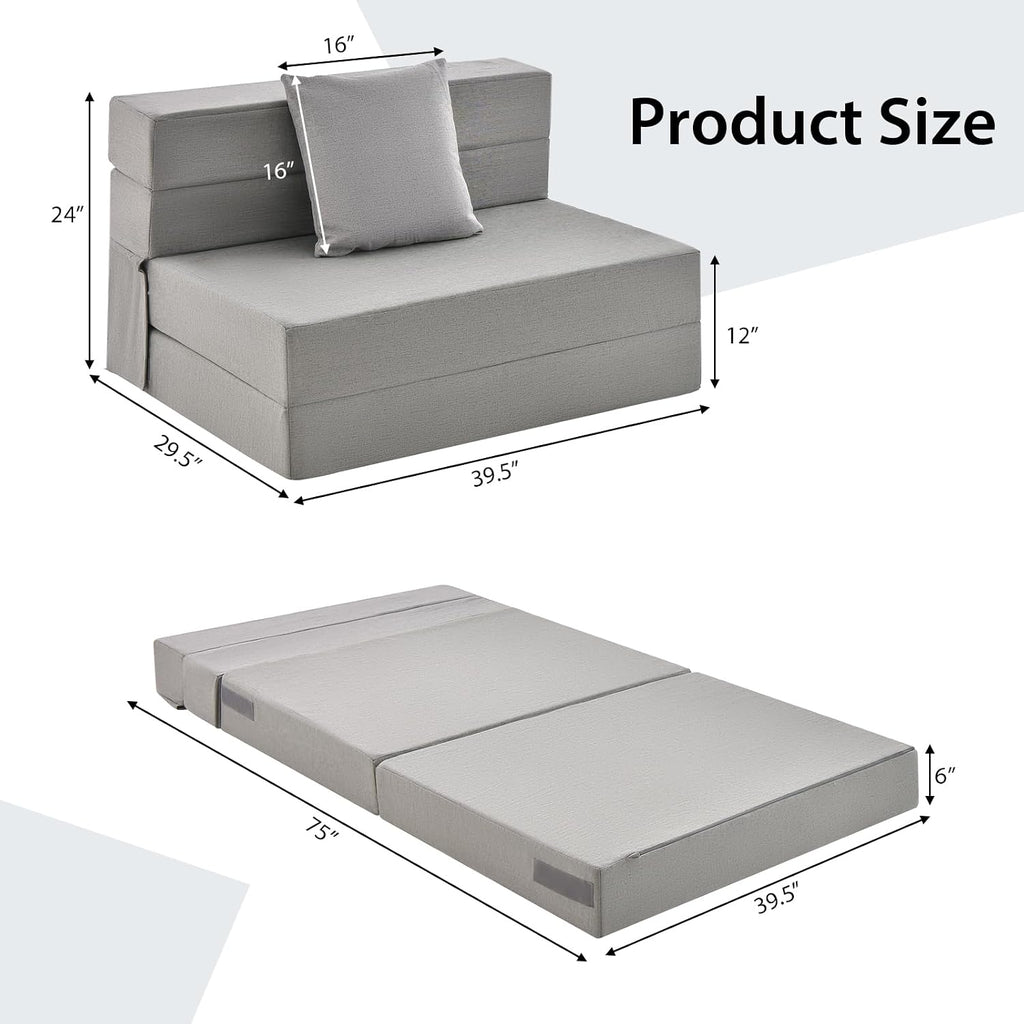Giantex 6 Inch Folding Sofa Bed Couch with Pillow, Tri-fold Mattress with High-Density Foam, Foldable Floor Couch with Headrest, Portable Guest Bed with Zippered & Washable Cover, Grey